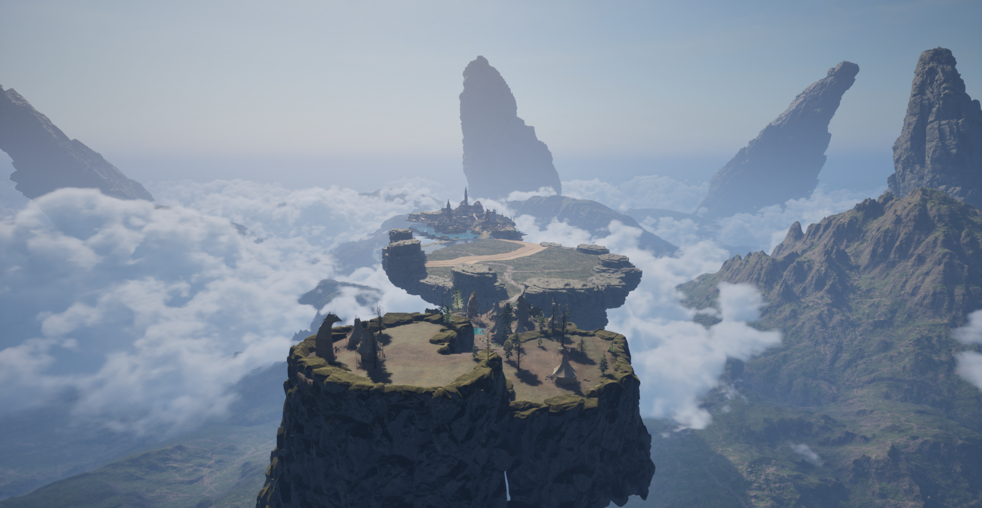 Aerial view of Lumoria floating above the clouds